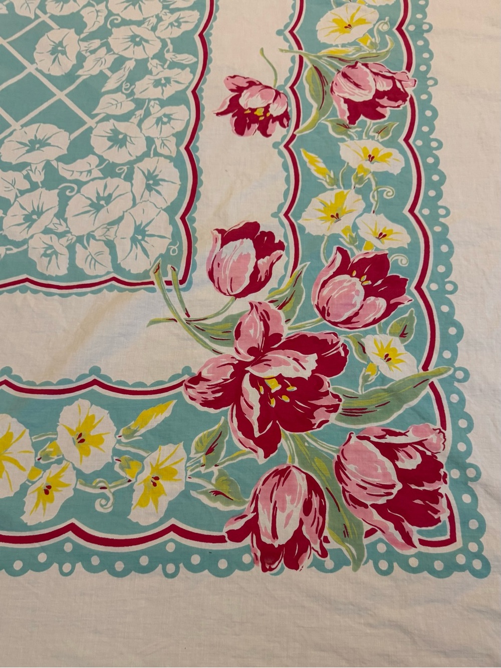 Vintage Cotton Floral Tulip Tablecloth in Teal and Pink 75.5“ X 54“